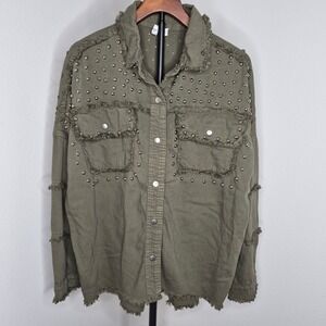 Elan Olive Green Studded Utility Shacket Raw Hem Distressed Shirt Jacket Punk S